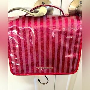 RETIRED Victoria Secret Pink Glittery Sparkle Stripe Travel Cosmetics Makeup Bag